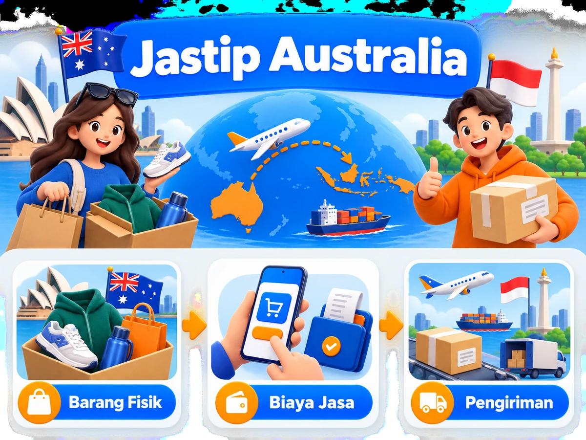 Ilustrasi alur jastip dan jasa bayar: pembelian barang luar negeri, pembayaran digital aman, dan paket diterima pelanggan Indonesia.