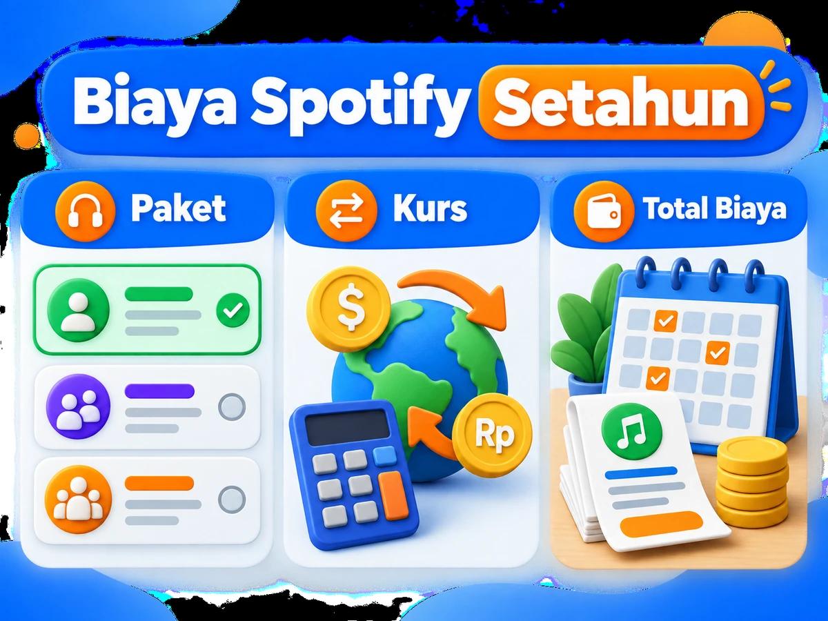 Ilustrasi perbandingan paket dan perencanaan biaya Spotify dalam rupiah menggunakan kalkulator dan kalender bulanan.