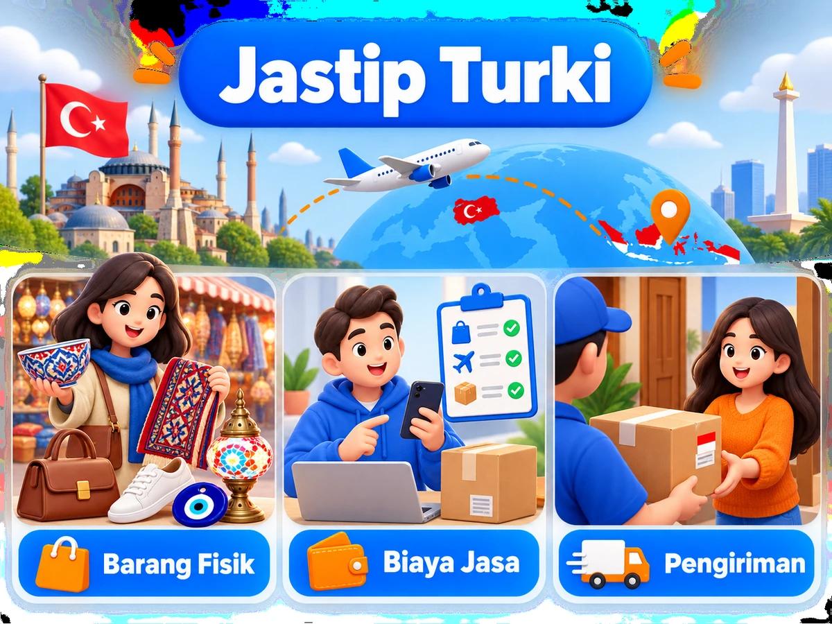 Ilustrasi alur jastip dan jasa bayar: pembelian barang luar negeri, pembayaran digital aman, dan paket diterima pelanggan Indonesia.