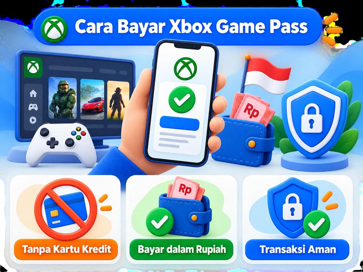 Ilustrasi pembayaran Xbox Game Pass dari Indonesia melalui ponsel, perencanaan biaya rupiah, dan konfirmasi transaksi digital yang aman.