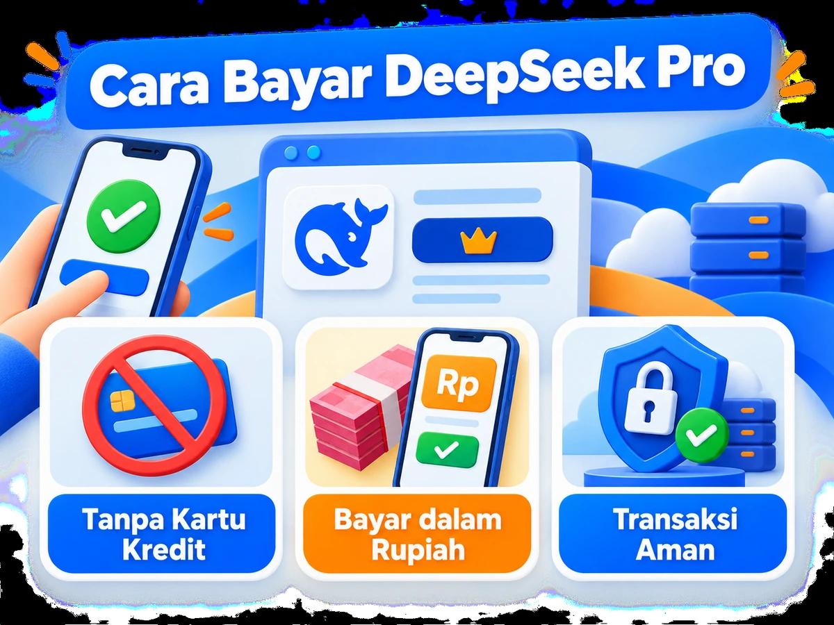 Ilustrasi pembayaran DeepSeek Pro dari Indonesia melalui ponsel, perencanaan biaya rupiah, dan konfirmasi transaksi digital yang aman.