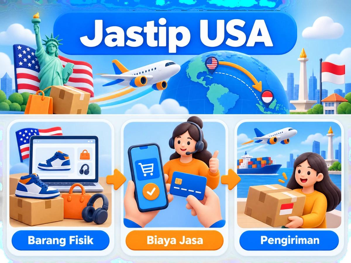 Ilustrasi alur jastip dan jasa bayar: pembelian barang luar negeri, pembayaran digital aman, dan paket diterima pelanggan Indonesia.