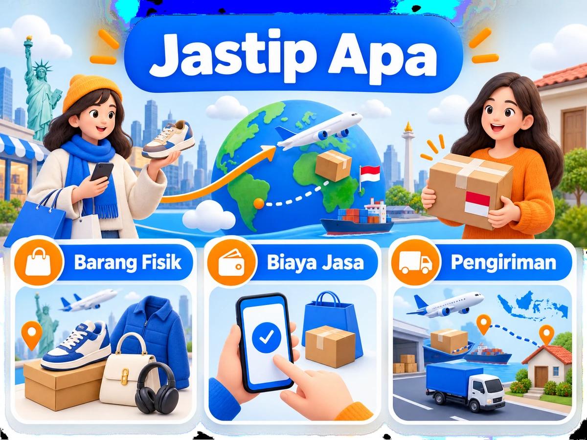 Ilustrasi alur jastip dan jasa bayar: pembelian barang luar negeri, pembayaran digital aman, dan paket diterima pelanggan Indonesia.