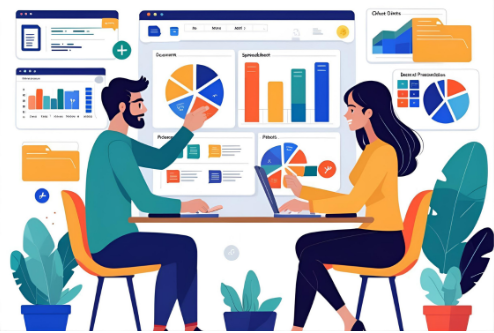 Illustration of two people sharing data and charts on a digital screen with a layout resembling Microsoft Office tools.