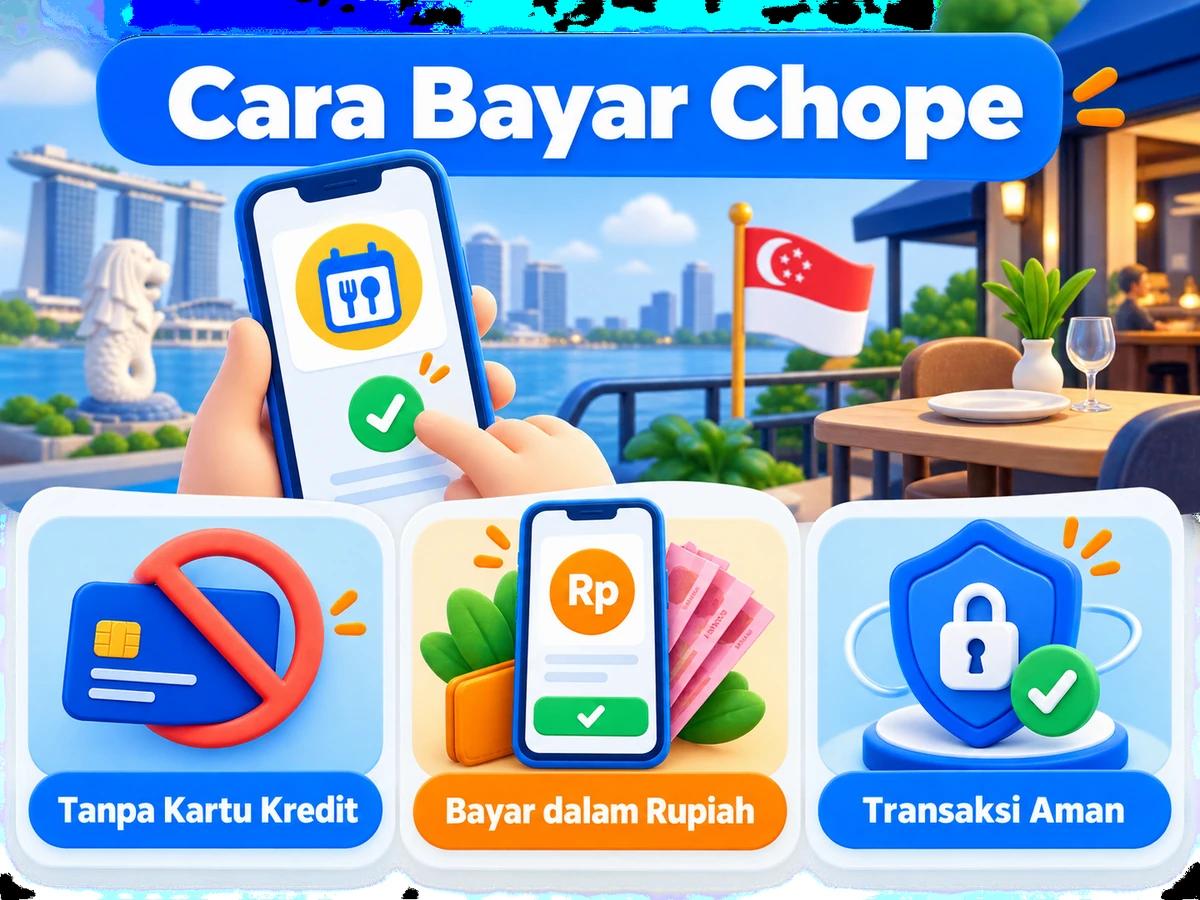 Ilustrasi pembayaran Chope dari Indonesia melalui ponsel, perencanaan biaya rupiah, dan konfirmasi transaksi digital yang aman.