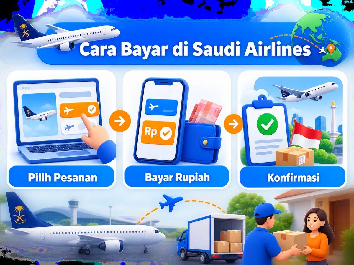 Ilustrasi belanja di Saudi Airlines dari Indonesia, mulai dari memilih produk atau pesanan hingga pembayaran dan konfirmasi transaksi.