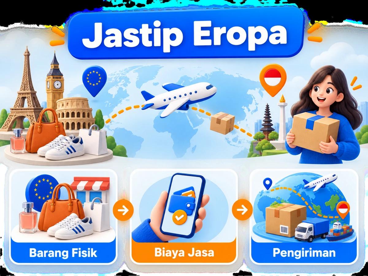 Ilustrasi alur jastip dan jasa bayar: pembelian barang luar negeri, pembayaran digital aman, dan paket diterima pelanggan Indonesia.