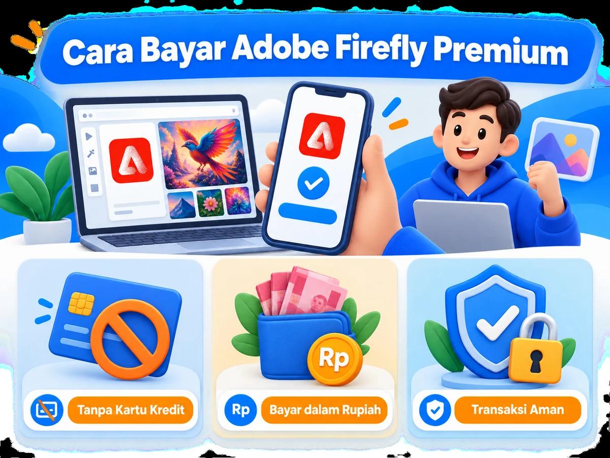 Ilustrasi pembayaran Adobe Firefly Premium dari Indonesia melalui ponsel, perencanaan biaya rupiah, dan konfirmasi transaksi digital yang aman.