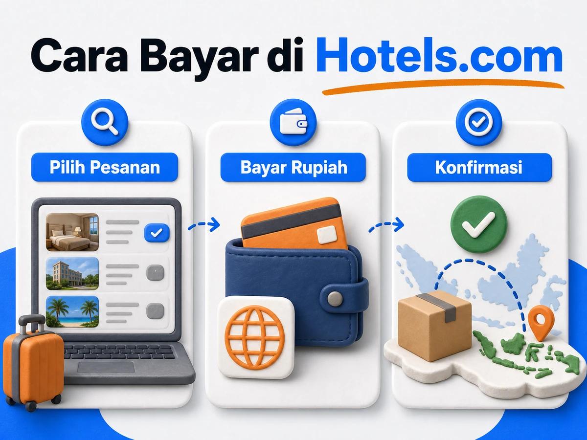 Ilustrasi belanja di Hotels.com dari Indonesia, mulai dari memilih produk atau pesanan hingga pembayaran dan konfirmasi transaksi.