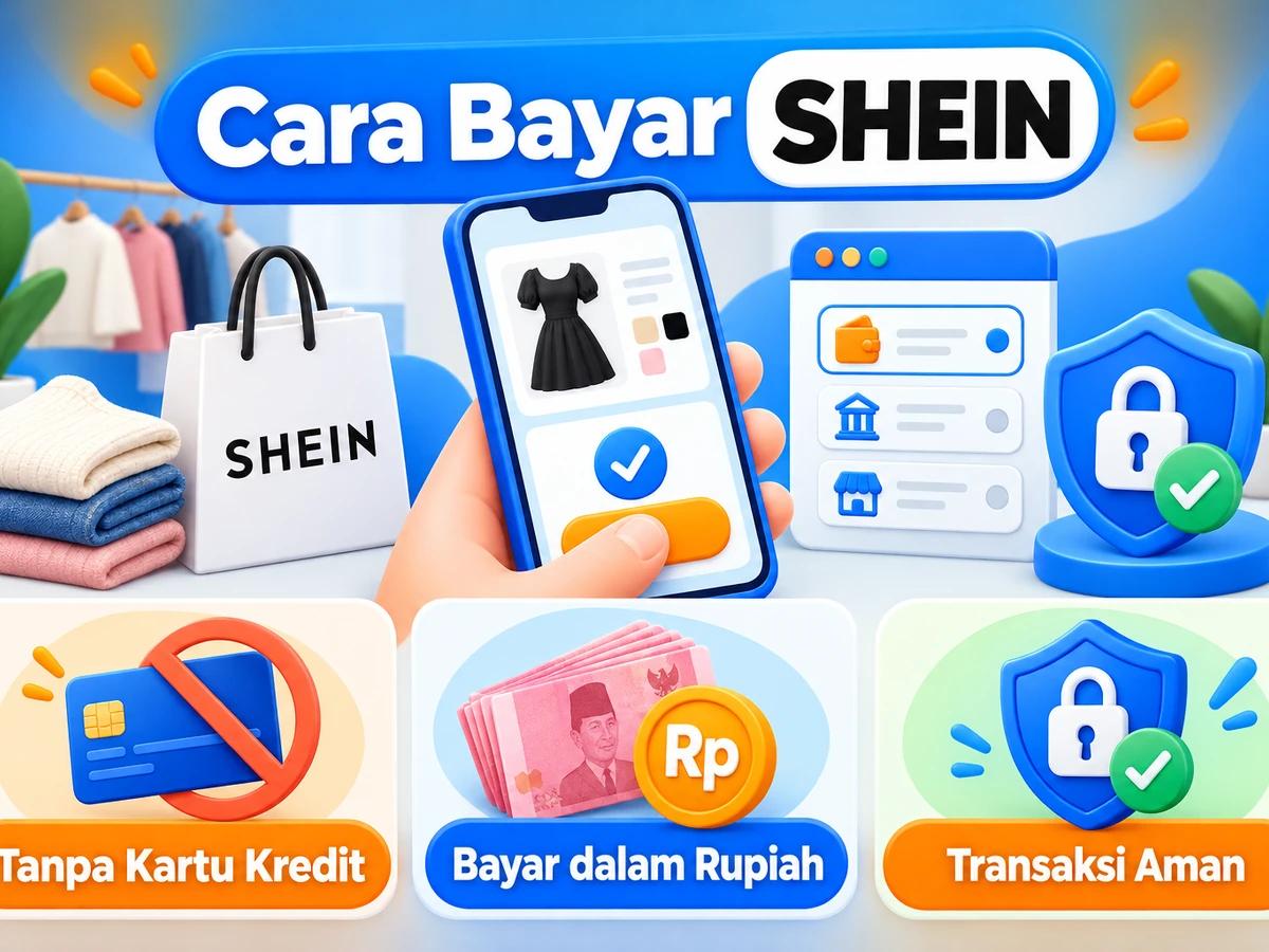Ilustrasi pembayaran SHEIN dari Indonesia melalui ponsel, perencanaan biaya rupiah, dan konfirmasi transaksi digital yang aman.
