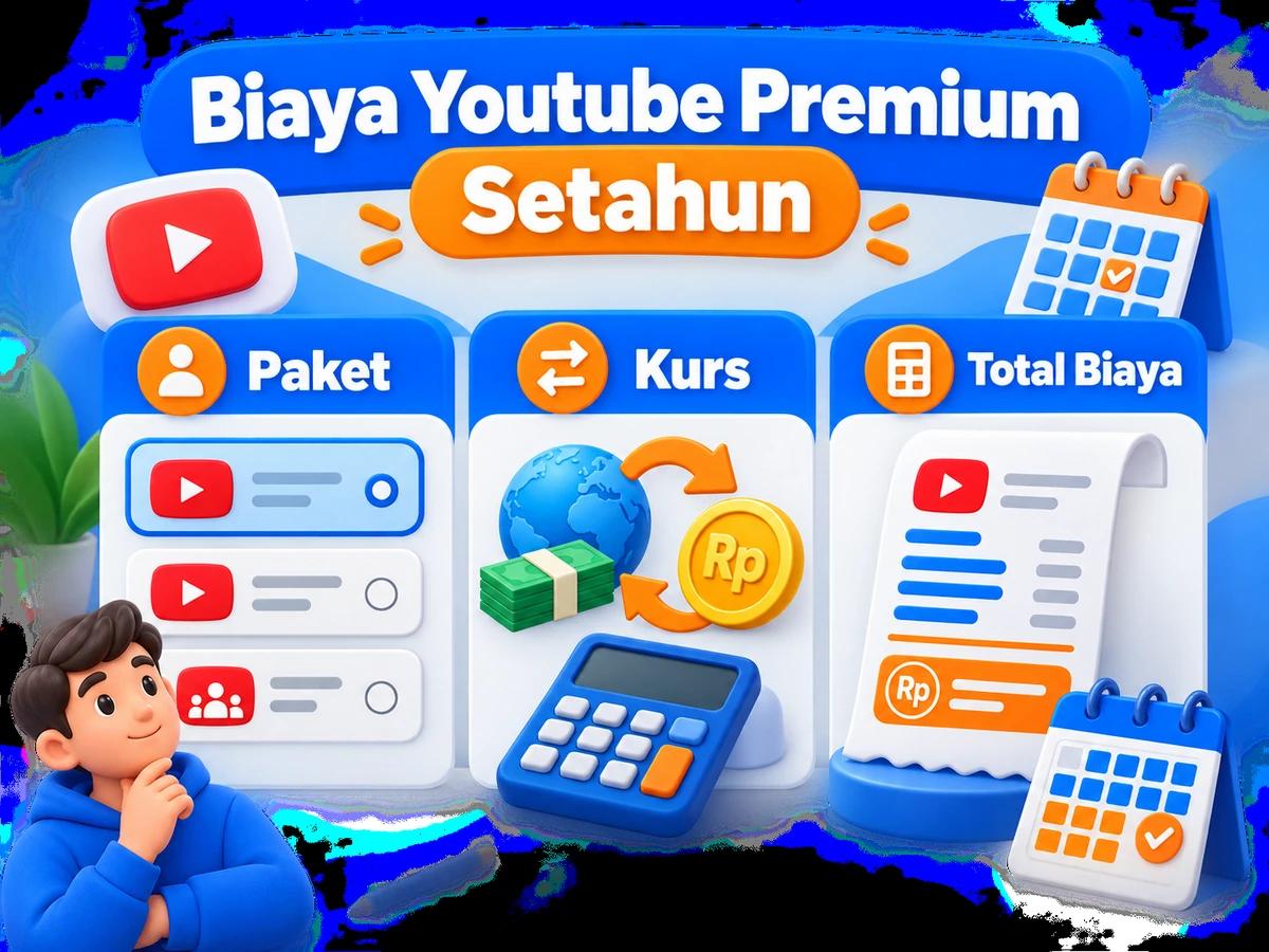 Ilustrasi perbandingan paket dan perencanaan biaya Youtube Premium dalam rupiah menggunakan kalkulator dan kalender bulanan.
