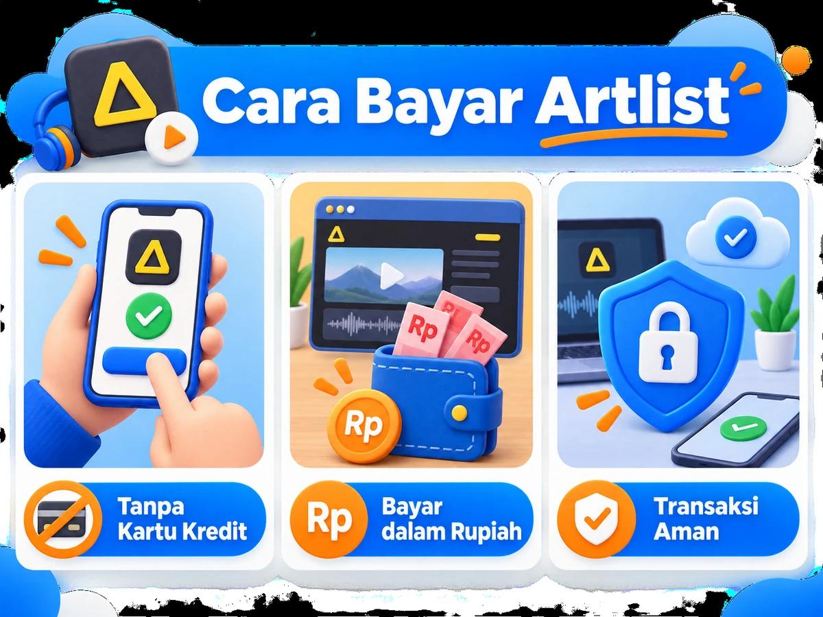 Ilustrasi pembayaran Artlist dari Indonesia melalui ponsel, perencanaan biaya rupiah, dan konfirmasi transaksi digital yang aman.