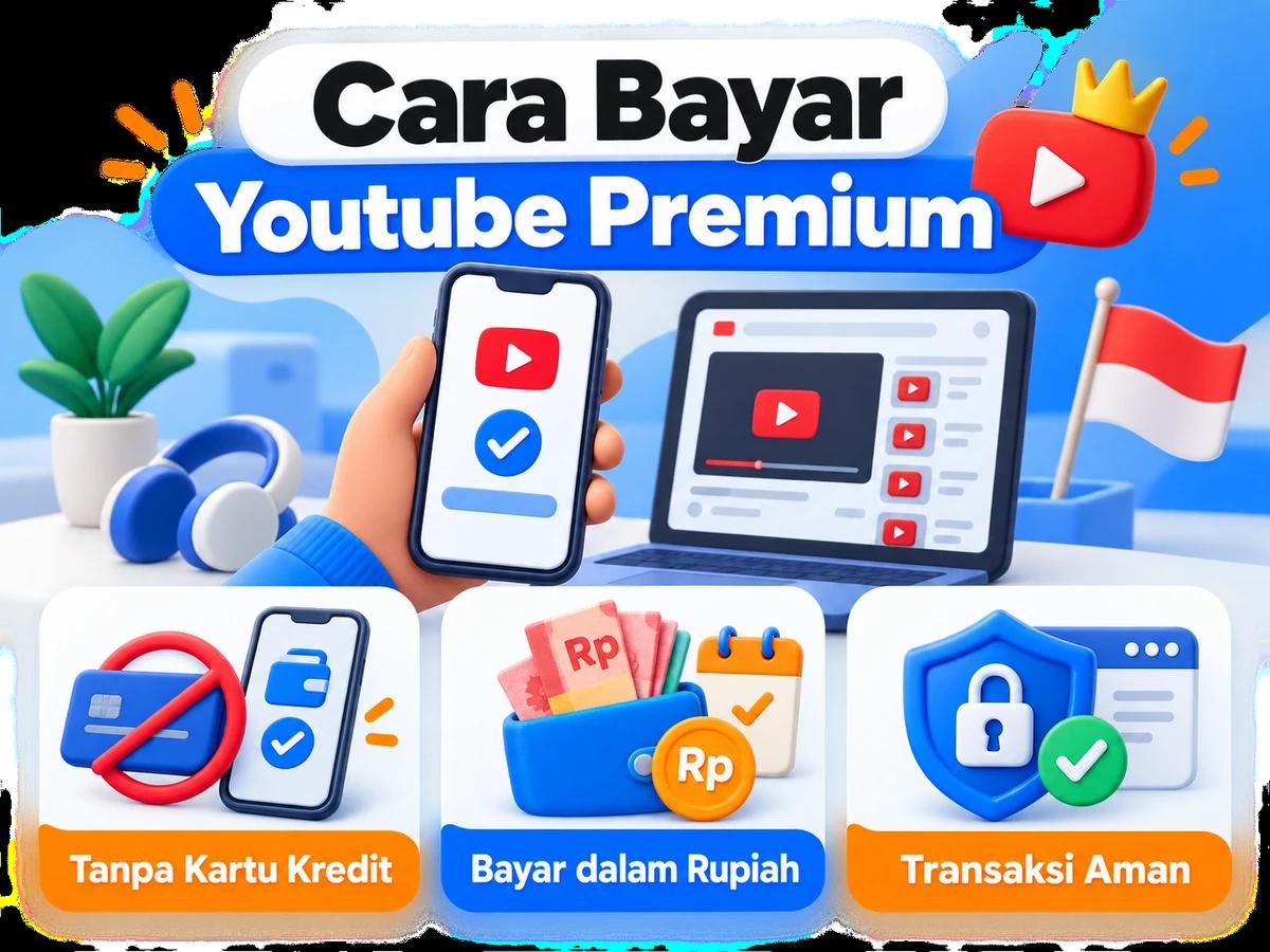 Ilustrasi pembayaran Youtube Premium dari Indonesia melalui ponsel, perencanaan biaya rupiah, dan konfirmasi transaksi digital yang aman.