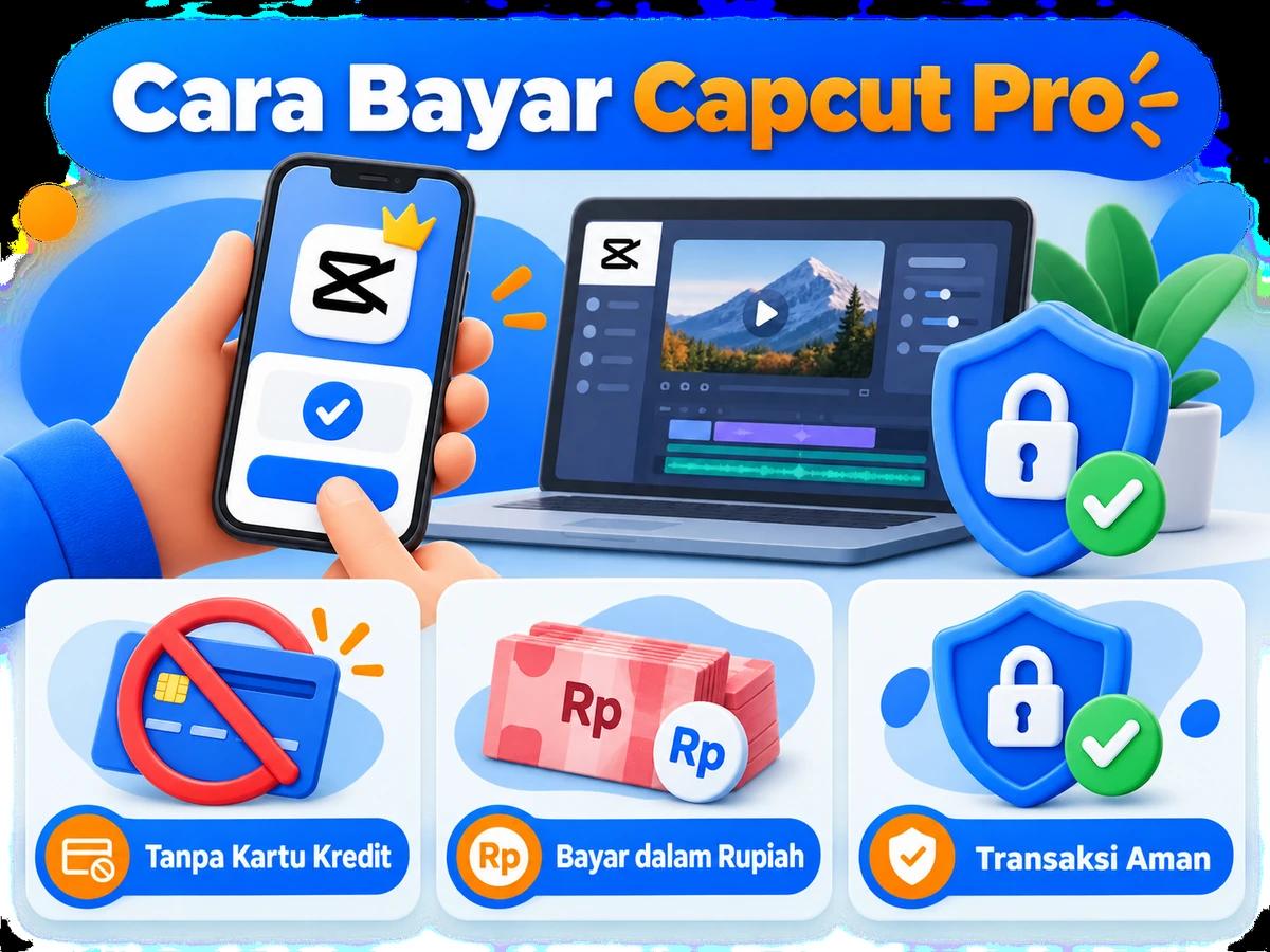 Ilustrasi pembayaran Capcut Pro dari Indonesia melalui ponsel, perencanaan biaya rupiah, dan konfirmasi transaksi digital yang aman.