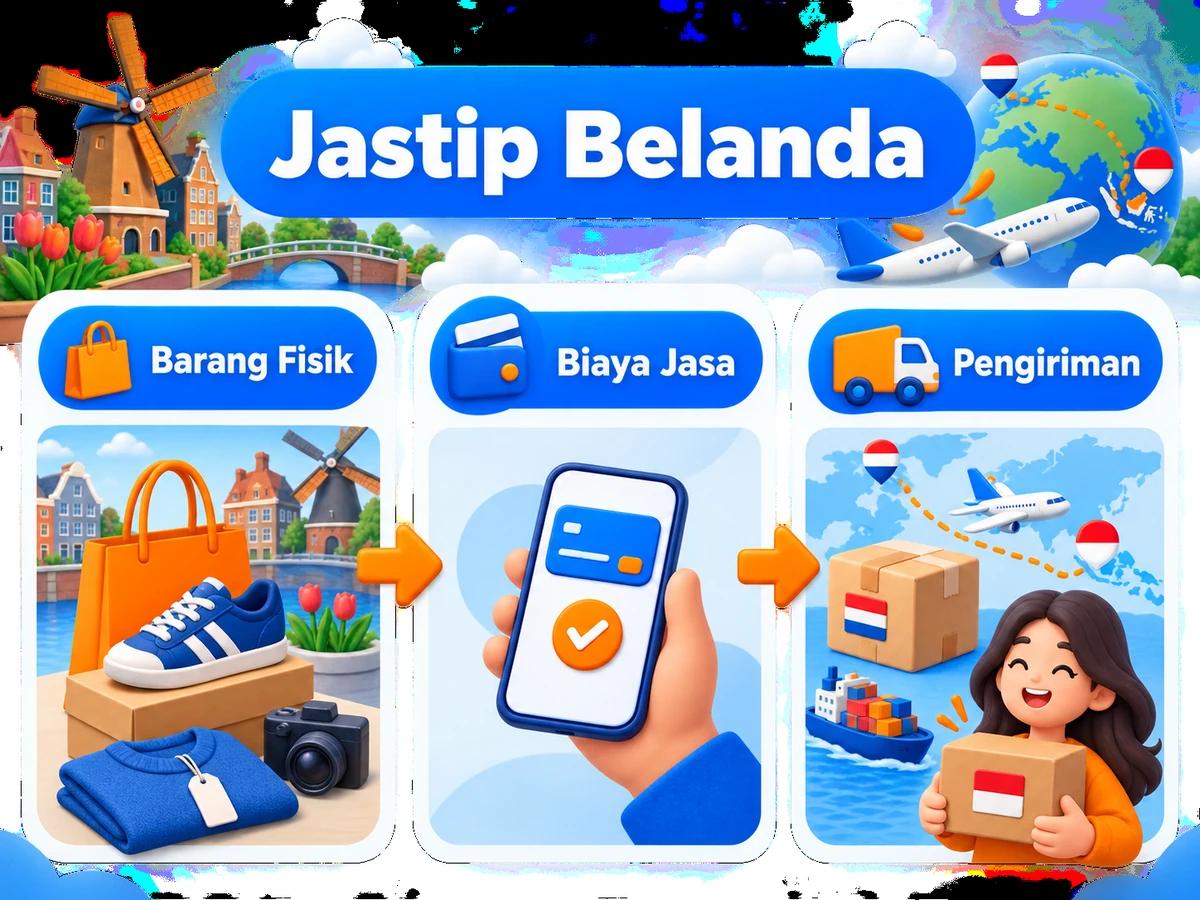 Ilustrasi alur jastip dan jasa bayar: pembelian barang luar negeri, pembayaran digital aman, dan paket diterima pelanggan Indonesia.