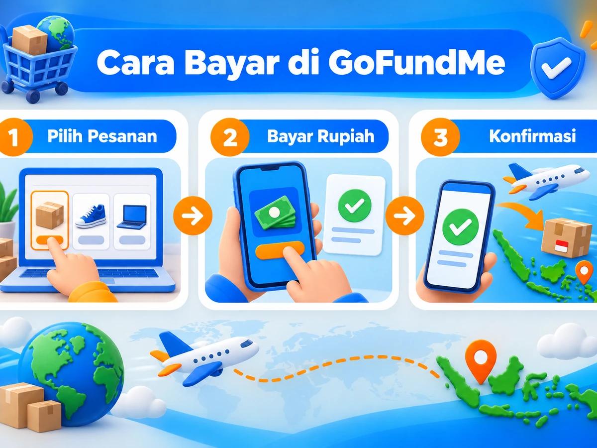 Ilustrasi belanja di GoFundMe dari Indonesia, mulai dari memilih produk atau pesanan hingga pembayaran dan konfirmasi transaksi.