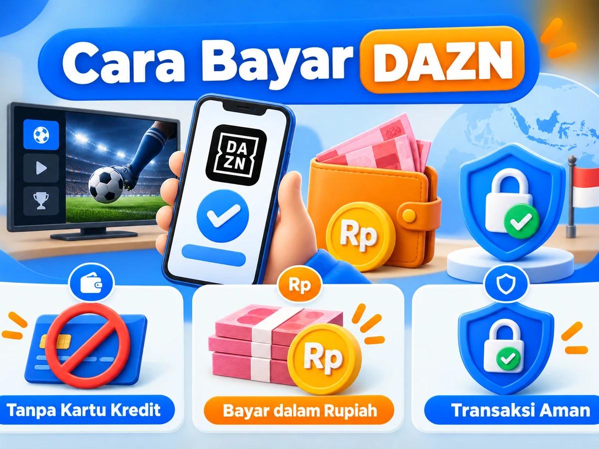 Ilustrasi pembayaran DAZN dari Indonesia melalui ponsel, perencanaan biaya rupiah, dan konfirmasi transaksi digital yang aman.