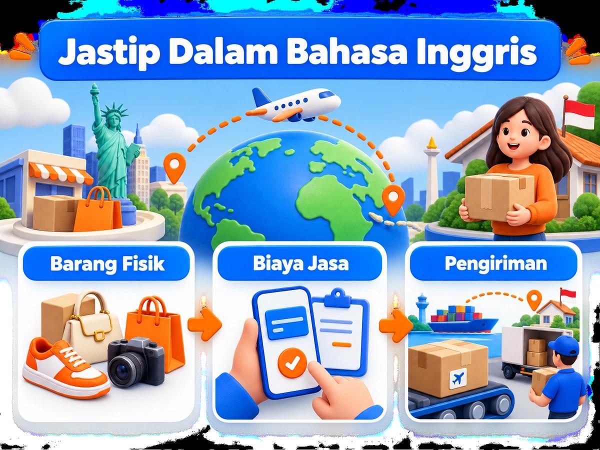 Ilustrasi alur jastip dan jasa bayar: pembelian barang luar negeri, pembayaran digital aman, dan paket diterima pelanggan Indonesia.