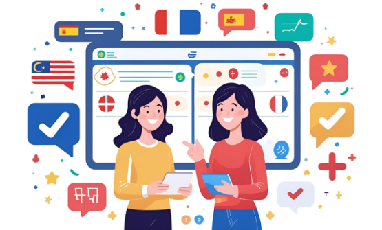 Two women joining a Duolingo Family group using tablets with country flags and check icons around