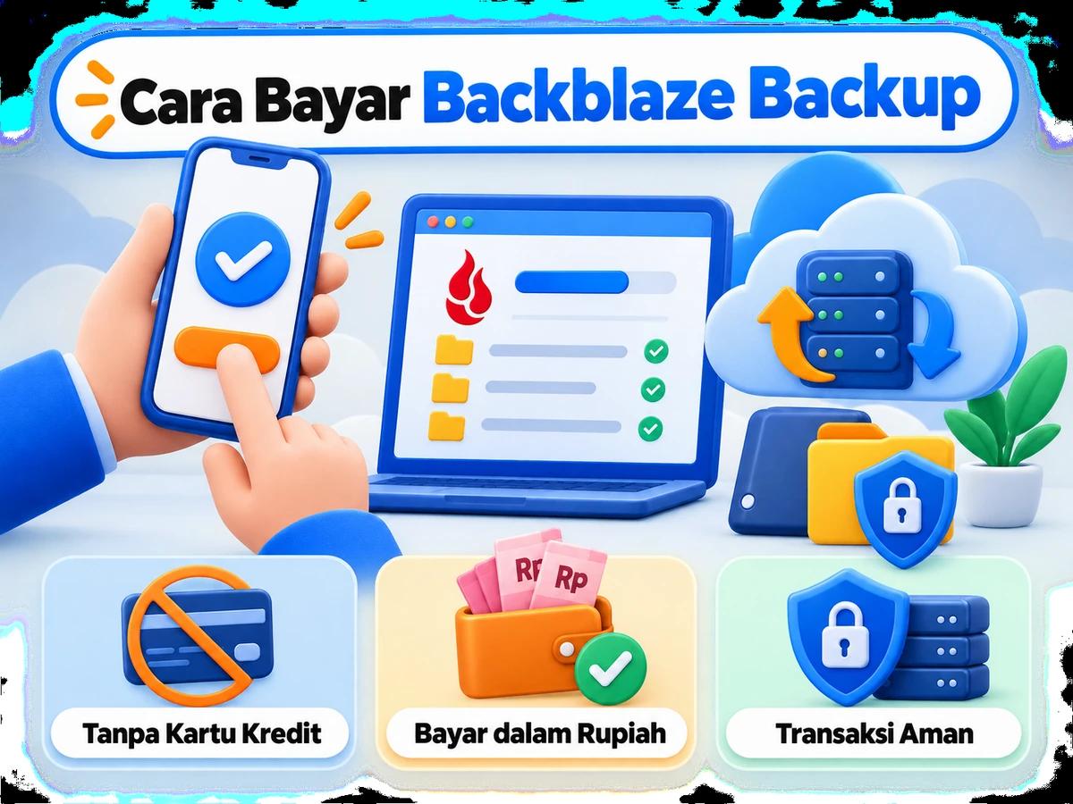 Ilustrasi pembayaran Backblaze Backup dari Indonesia melalui ponsel, perencanaan biaya rupiah, dan konfirmasi transaksi digital yang aman.