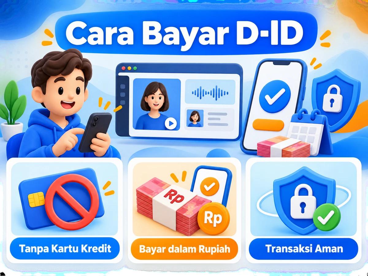 Ilustrasi pembayaran D-ID dari Indonesia melalui ponsel, perencanaan biaya rupiah, dan konfirmasi transaksi digital yang aman.