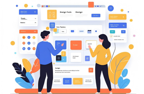 Illustration of two people interacting with a digital design tool interface.