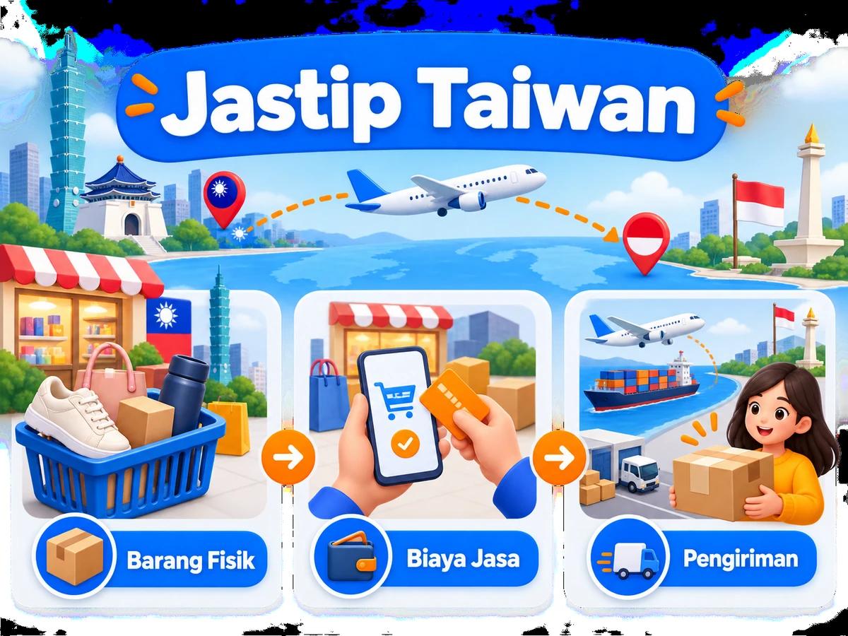 Ilustrasi alur jastip dan jasa bayar: pembelian barang luar negeri, pembayaran digital aman, dan paket diterima pelanggan Indonesia.