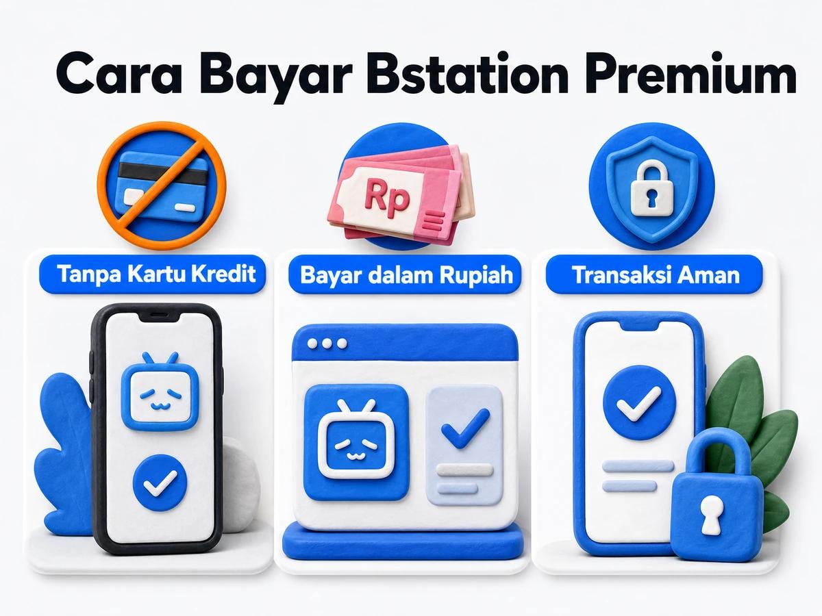 Ilustrasi pembayaran Bstation Premium dari Indonesia melalui ponsel, perencanaan biaya rupiah, dan konfirmasi transaksi digital yang aman.