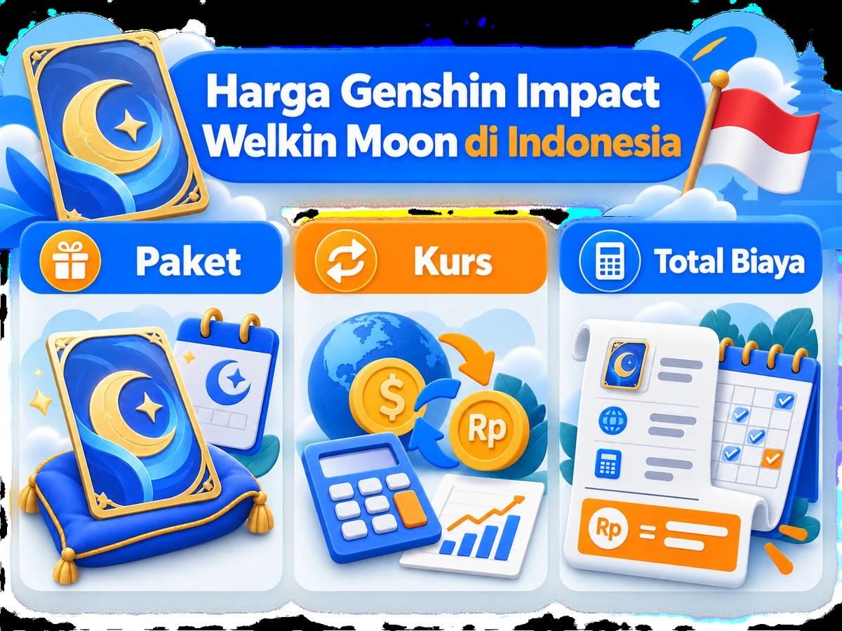 Ilustrasi perbandingan paket dan perencanaan biaya Genshin Impact Welkin Moon dalam rupiah menggunakan kalkulator dan kalender bulanan.