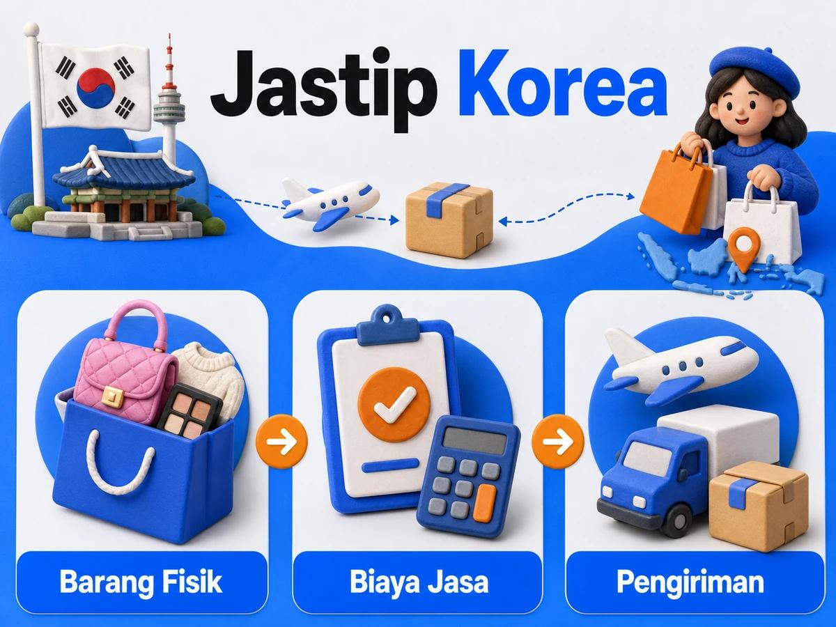 Ilustrasi alur jastip dan jasa bayar: pembelian barang luar negeri, pembayaran digital aman, dan paket diterima pelanggan Indonesia.