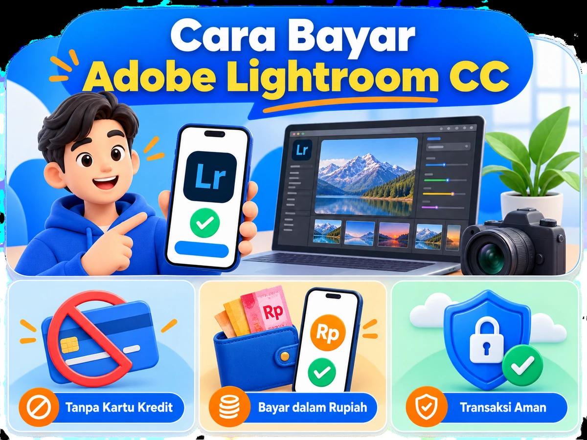 Ilustrasi pembayaran Adobe Lightroom CC dari Indonesia melalui ponsel, perencanaan biaya rupiah, dan konfirmasi transaksi digital yang aman.