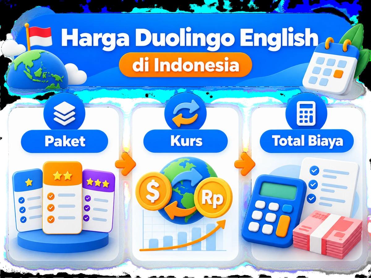 Ilustrasi perbandingan paket dan perencanaan biaya Duolingo English dalam rupiah menggunakan kalkulator dan kalender bulanan.