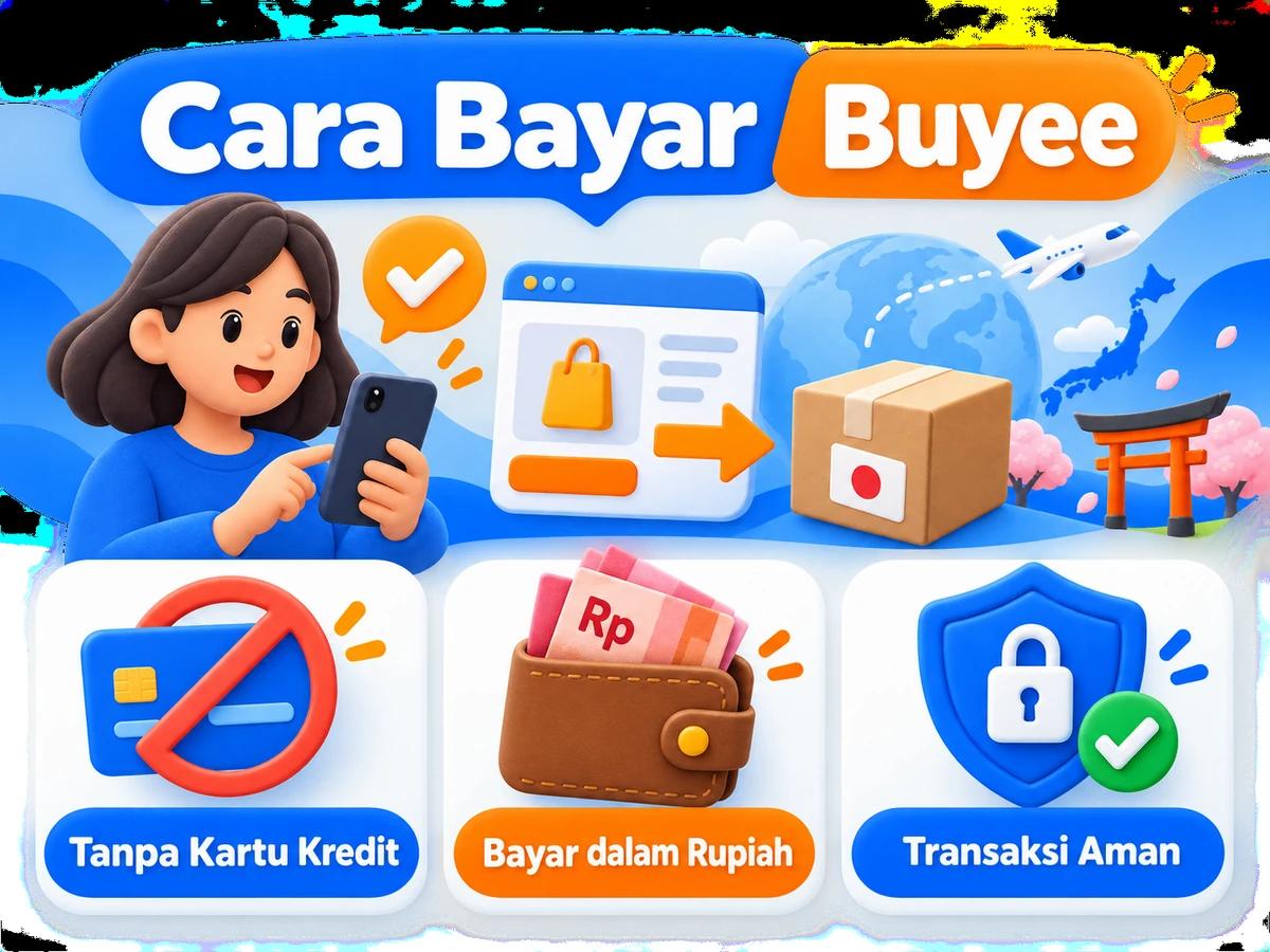 Ilustrasi pembayaran Buyee dari Indonesia melalui ponsel, perencanaan biaya rupiah, dan konfirmasi transaksi digital yang aman.