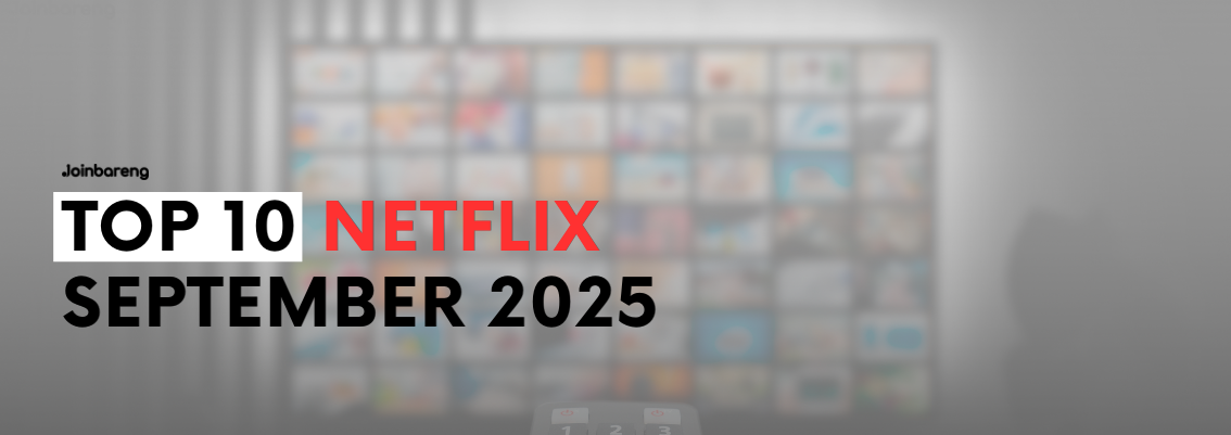 Joinbareng header image showing "Top 10 Netflix September 2025" with a blurred TV screen background
