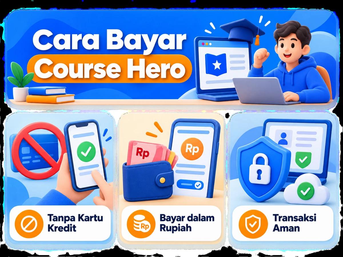 Ilustrasi pembayaran Course Hero dari Indonesia melalui ponsel, perencanaan biaya rupiah, dan konfirmasi transaksi digital yang aman.