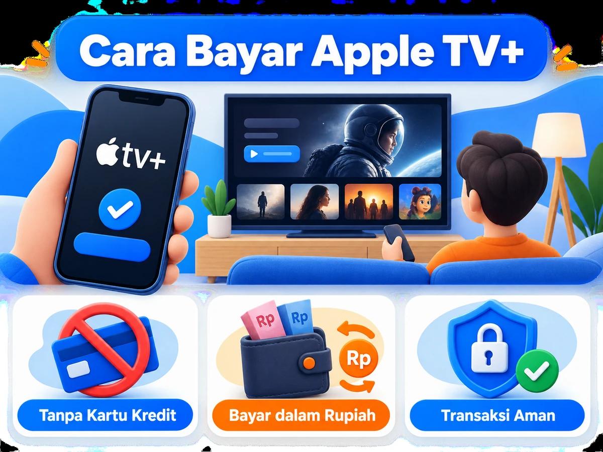 Ilustrasi pembayaran Apple TV+ dari Indonesia melalui ponsel, perencanaan biaya rupiah, dan konfirmasi transaksi digital yang aman.