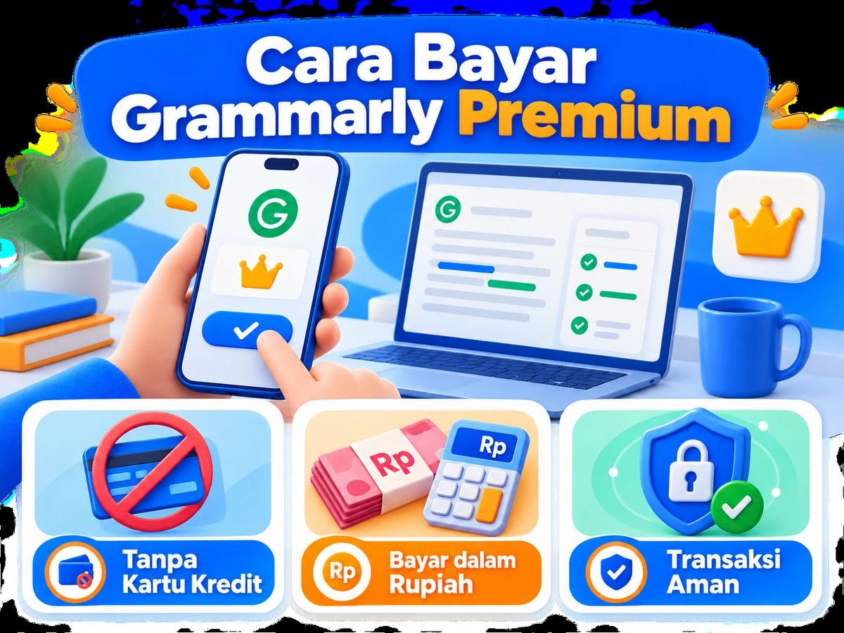Ilustrasi pembayaran Grammarly Premium dari Indonesia melalui ponsel, perencanaan biaya rupiah, dan konfirmasi transaksi digital yang aman.
