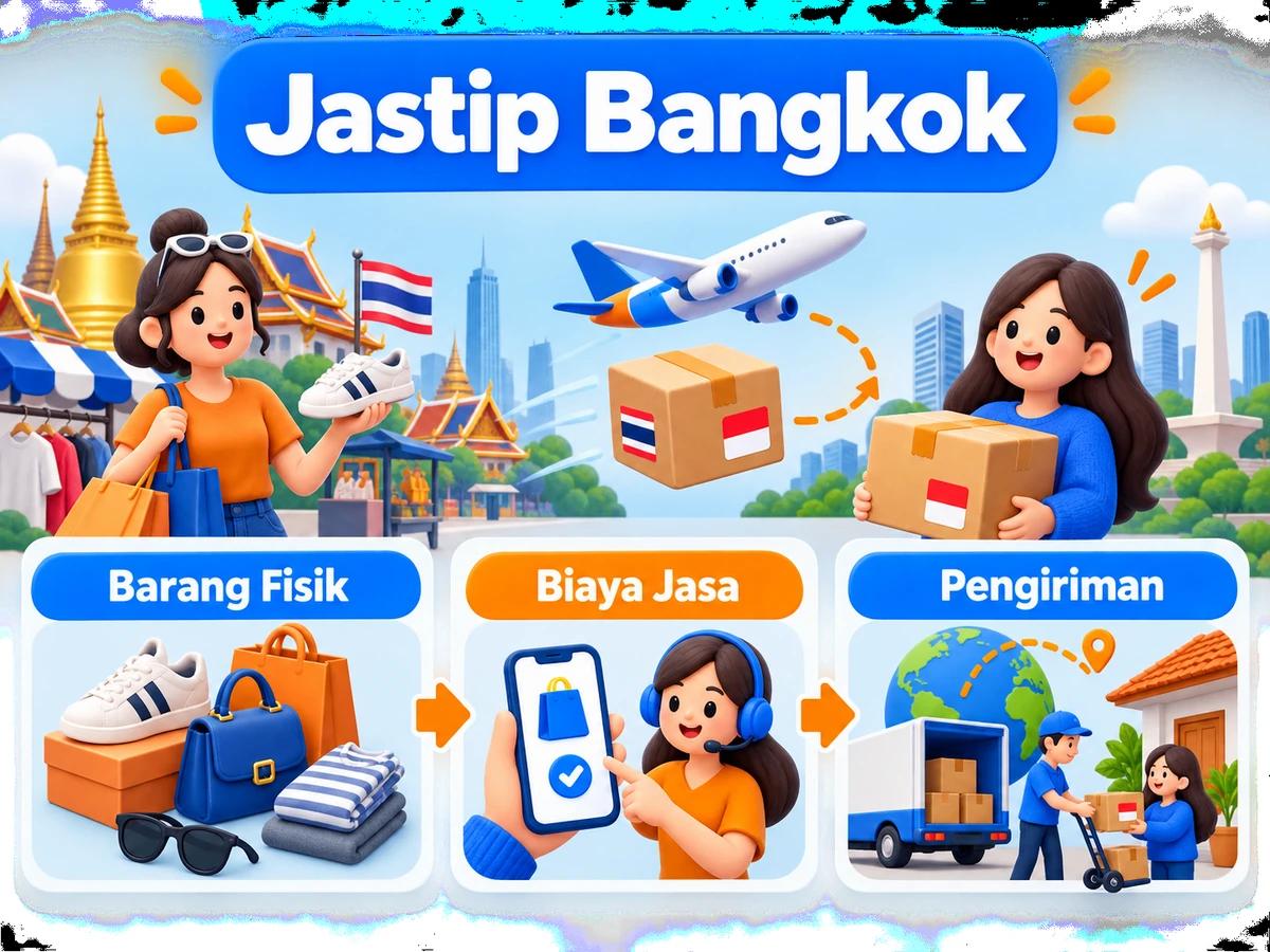 Ilustrasi alur jastip dan jasa bayar: pembelian barang luar negeri, pembayaran digital aman, dan paket diterima pelanggan Indonesia.