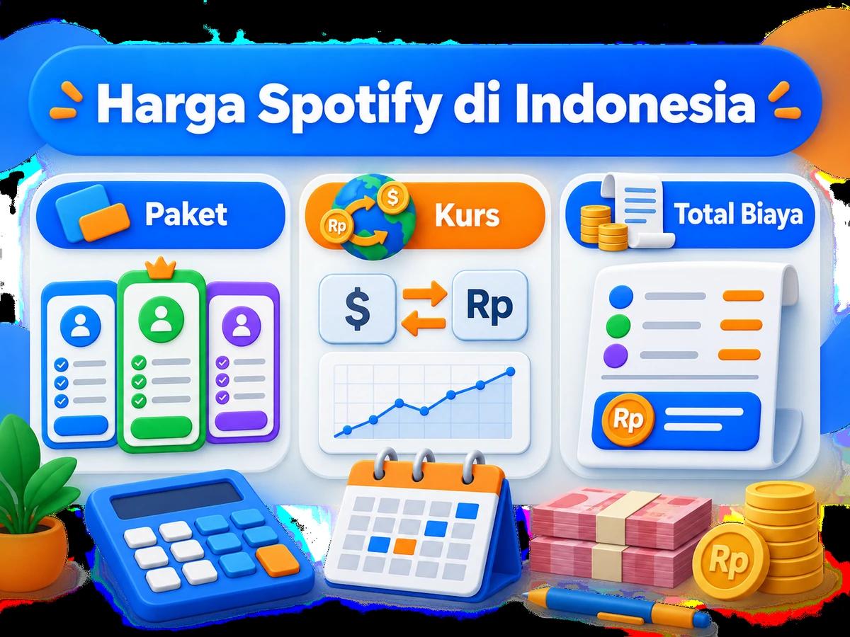 Ilustrasi perbandingan paket dan perencanaan biaya Spotify dalam rupiah menggunakan kalkulator dan kalender bulanan.