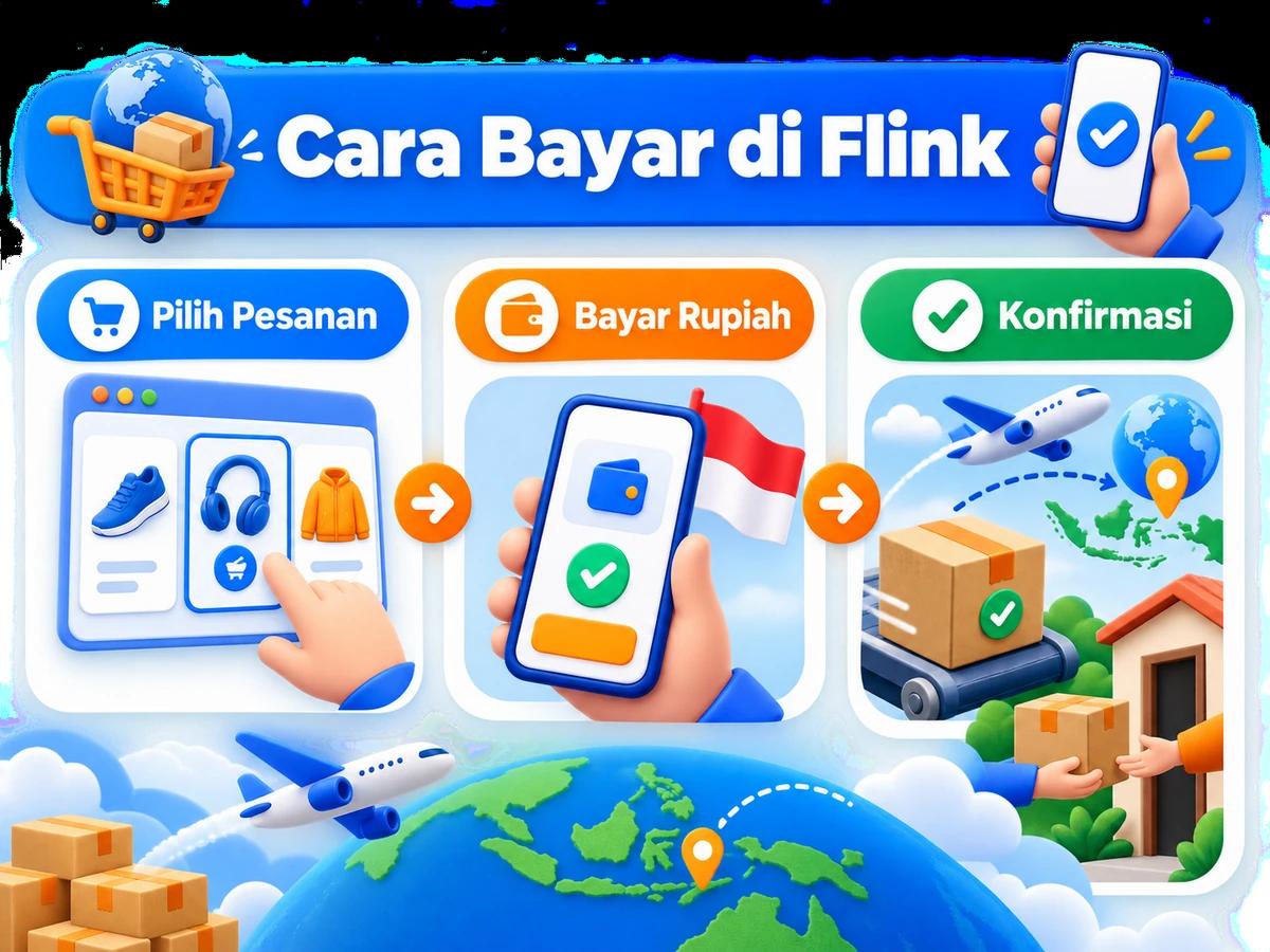 Ilustrasi belanja di Flink dari Indonesia, mulai dari memilih produk atau pesanan hingga pembayaran dan konfirmasi transaksi.