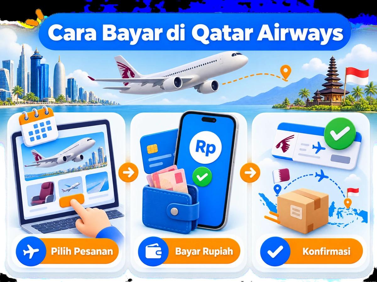 Ilustrasi belanja di Qatar Airways dari Indonesia, mulai dari memilih produk atau pesanan hingga pembayaran dan konfirmasi transaksi.