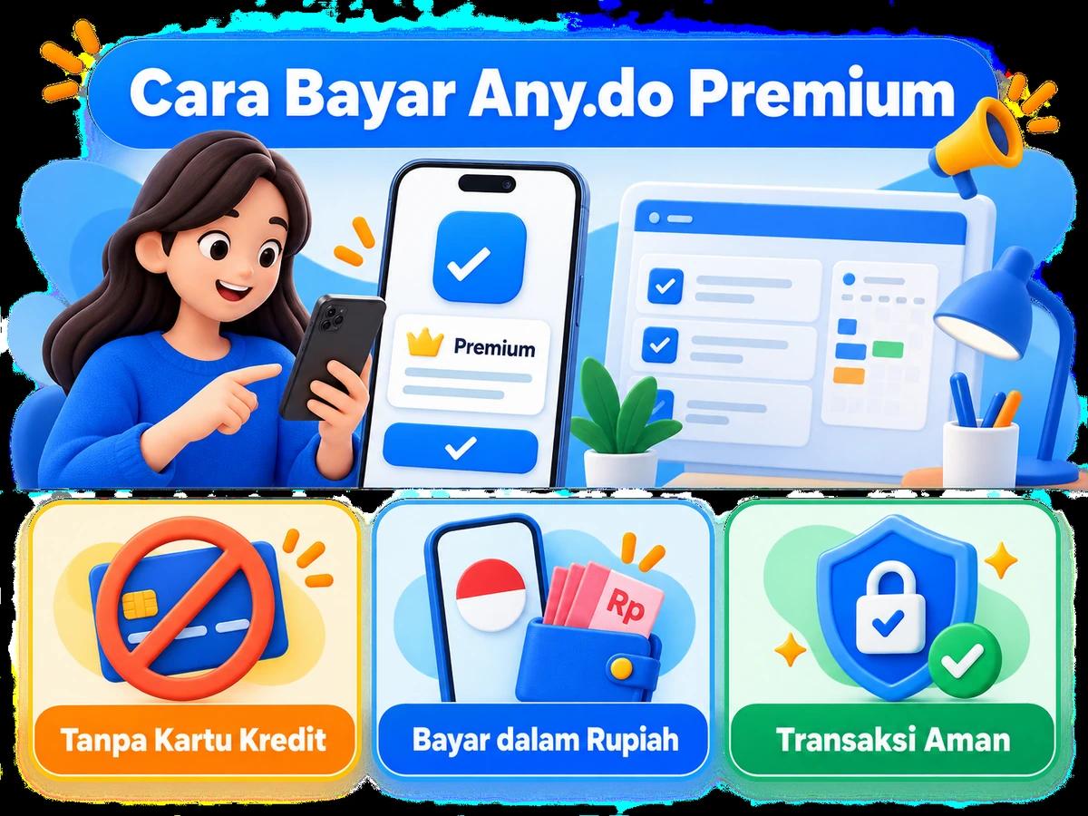 Ilustrasi pembayaran Any.do Premium dari Indonesia melalui ponsel, perencanaan biaya rupiah, dan konfirmasi transaksi digital yang aman.