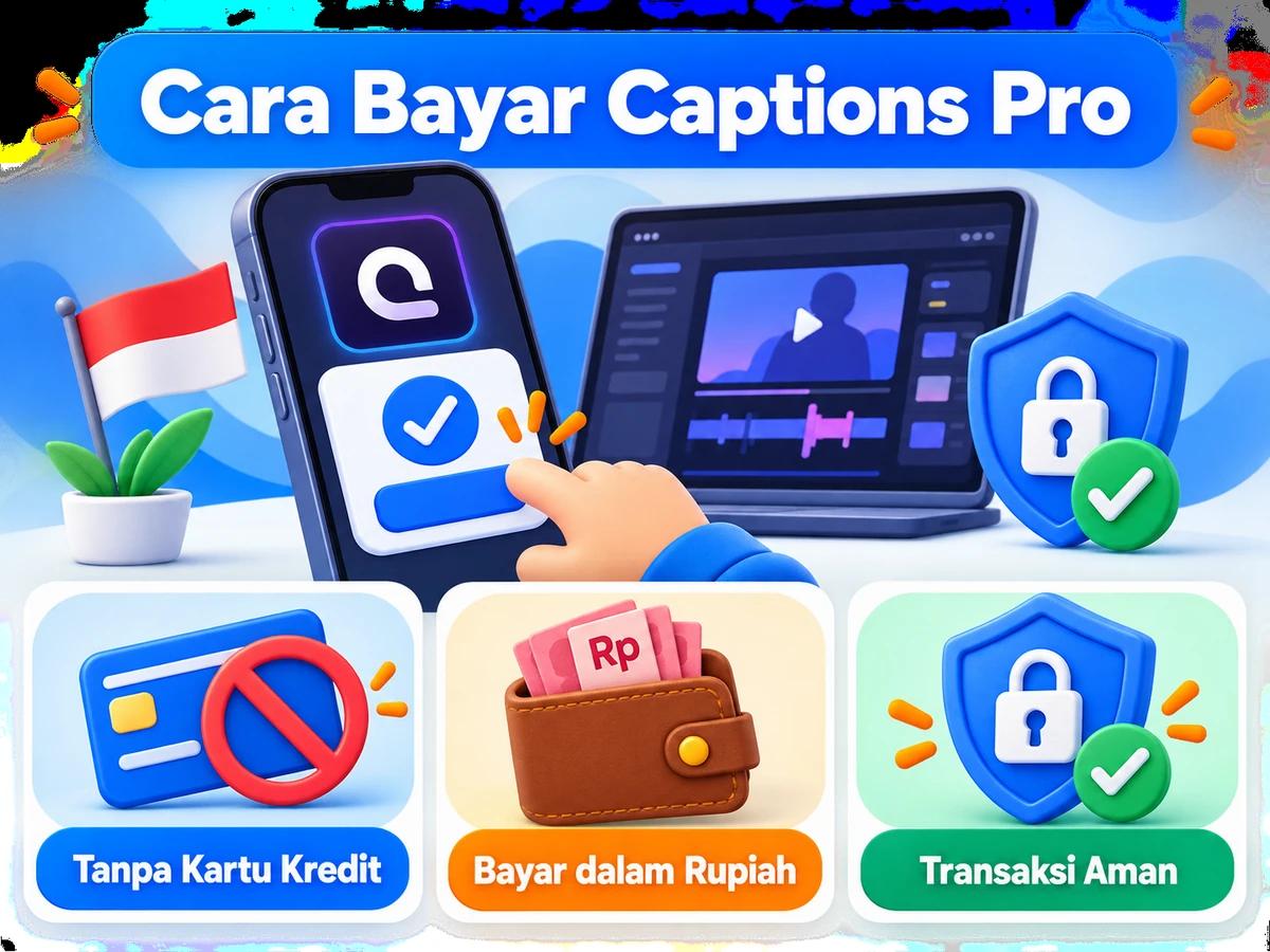 Ilustrasi pembayaran Captions Pro dari Indonesia melalui ponsel, perencanaan biaya rupiah, dan konfirmasi transaksi digital yang aman.