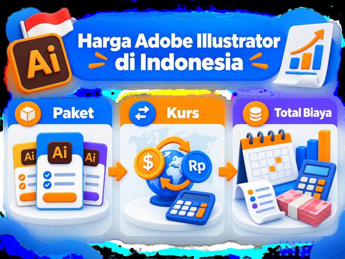 Ilustrasi perbandingan paket dan perencanaan biaya Adobe Illustrator dalam rupiah menggunakan kalkulator dan kalender bulanan.