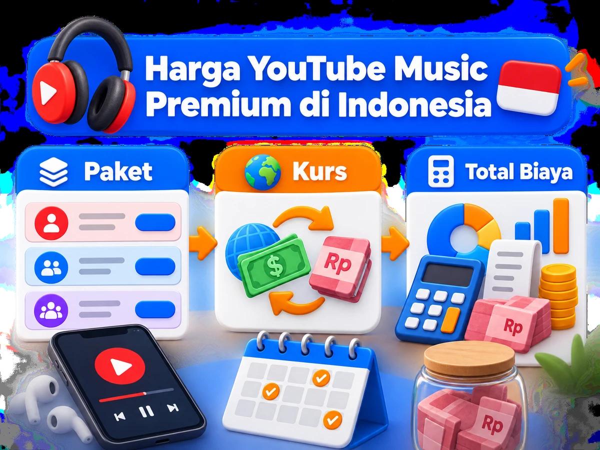 Ilustrasi perbandingan paket dan perencanaan biaya YouTube Music Premium dalam rupiah menggunakan kalkulator dan kalender bulanan.