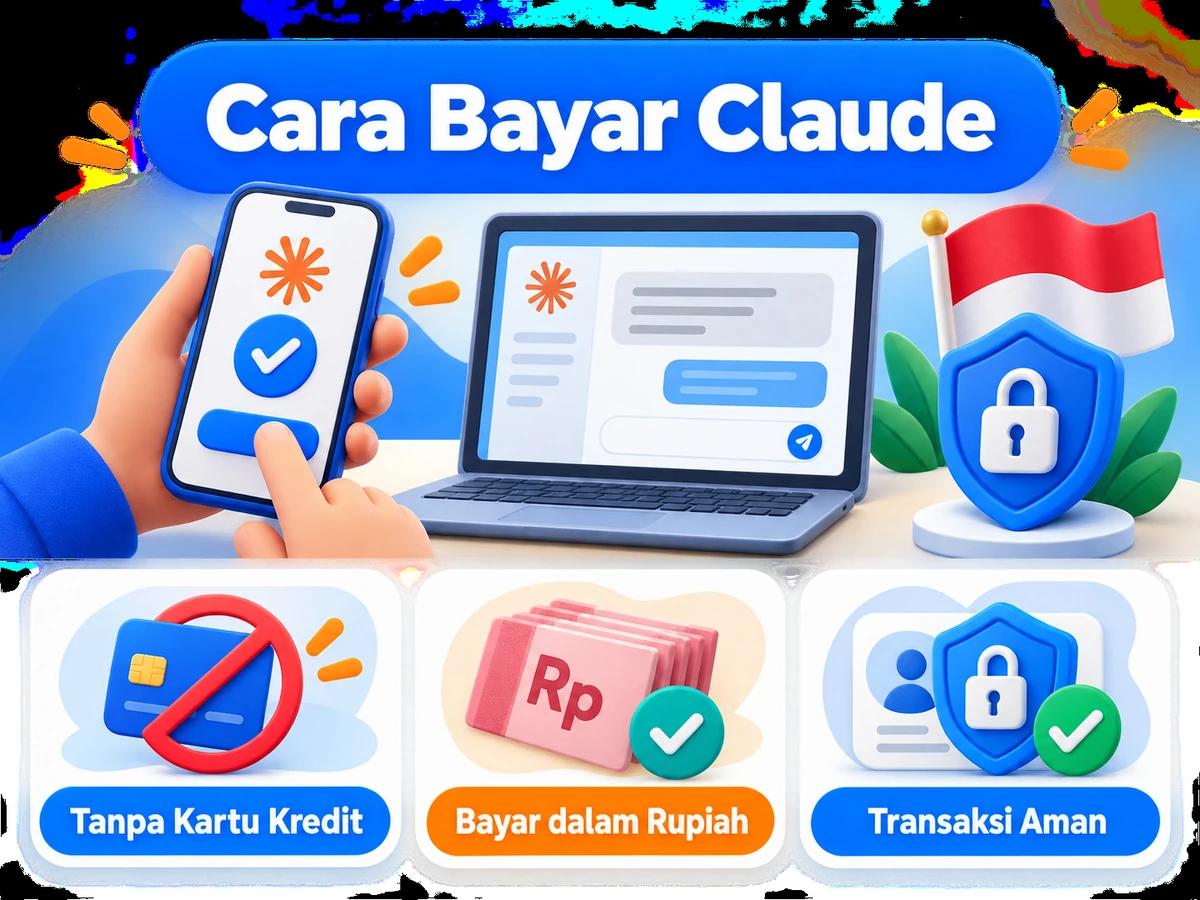Ilustrasi pembayaran Claude dari Indonesia melalui ponsel, perencanaan biaya rupiah, dan konfirmasi transaksi digital yang aman.