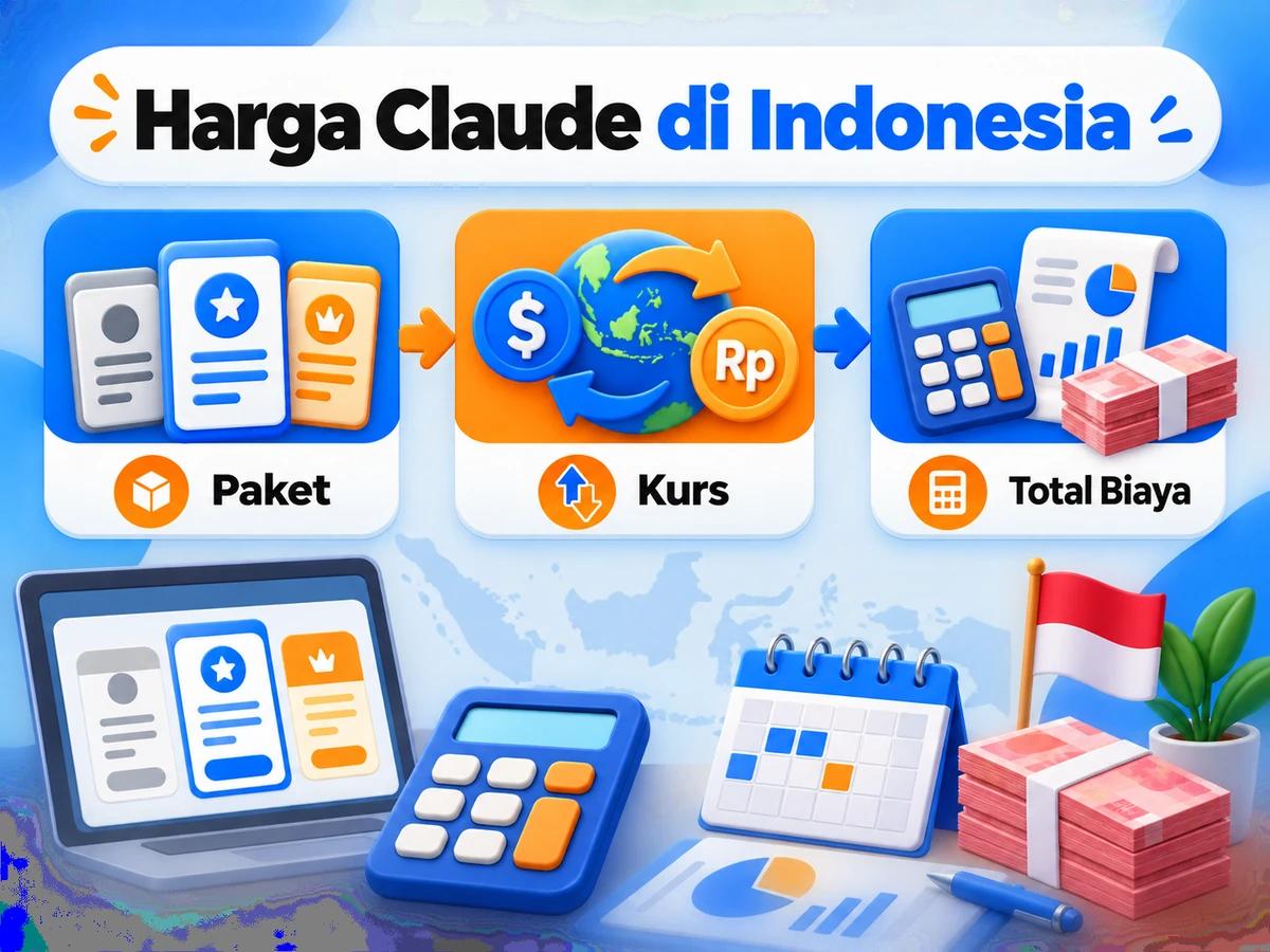 Ilustrasi perbandingan paket dan perencanaan biaya Claude dalam rupiah menggunakan kalkulator dan kalender bulanan.