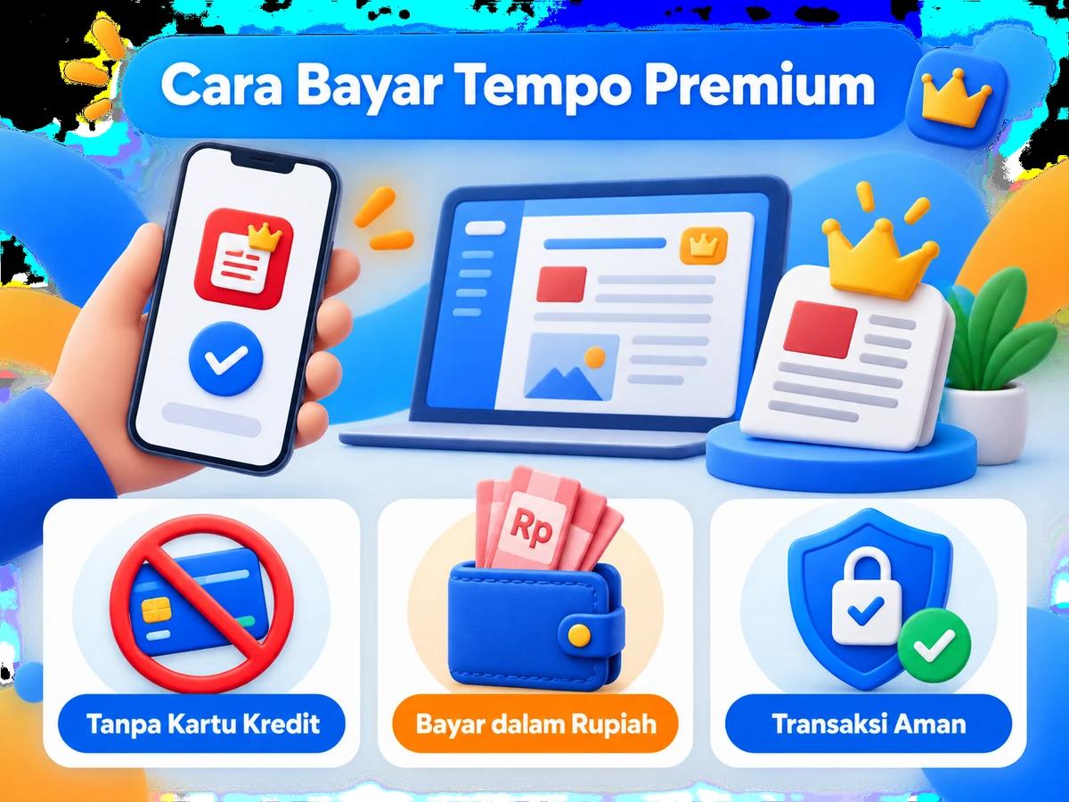 Ilustrasi pembayaran Tempo Premium dari Indonesia melalui ponsel, perencanaan biaya rupiah, dan konfirmasi transaksi digital yang aman.