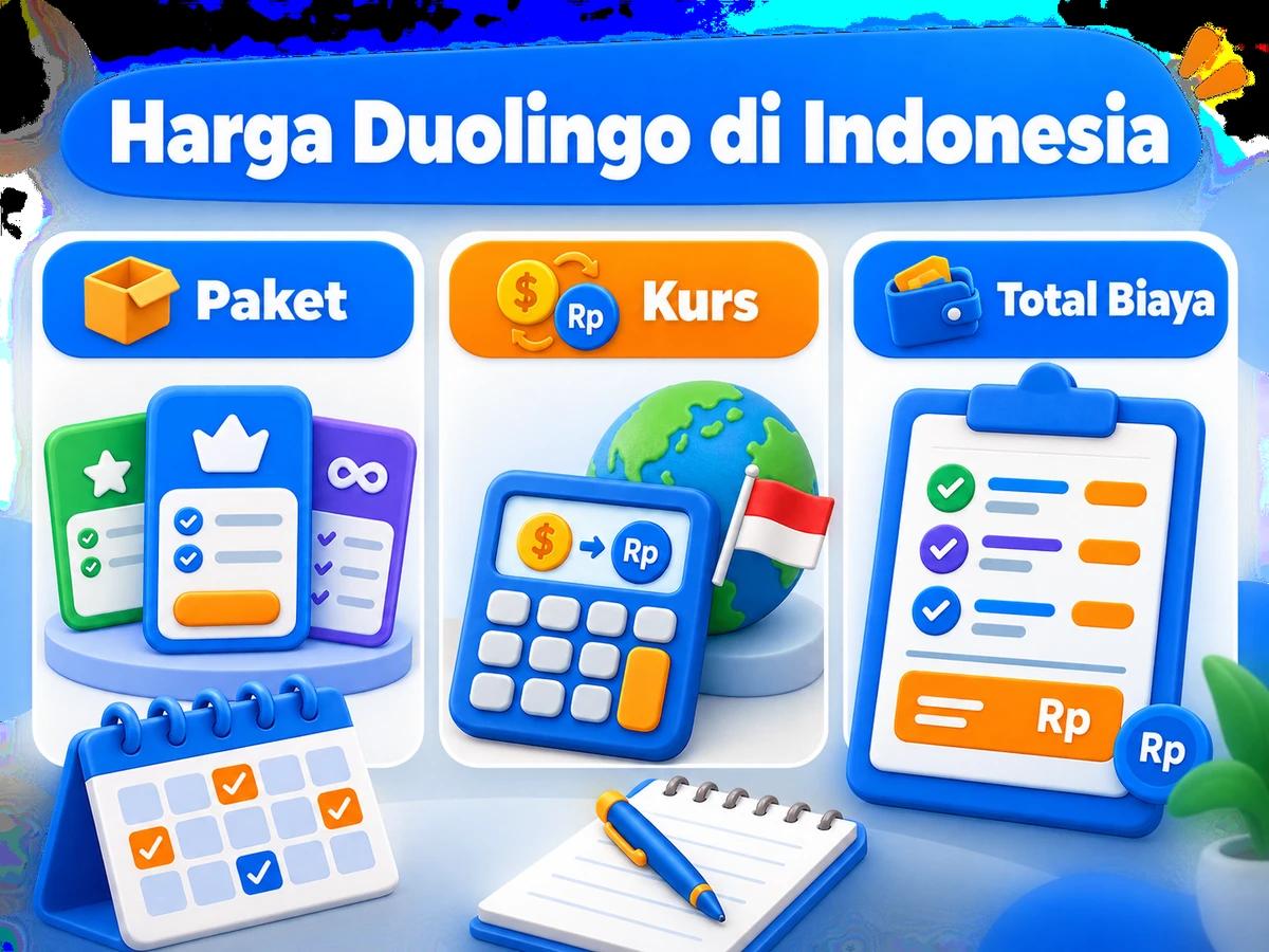 Ilustrasi perbandingan paket dan perencanaan biaya Duolingo dalam rupiah menggunakan kalkulator dan kalender bulanan.