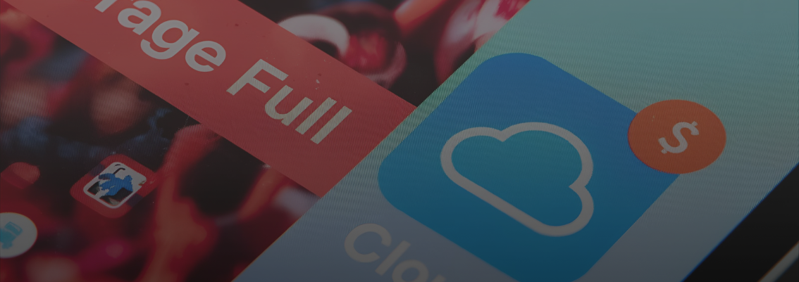 A close-up of a diagonally split smartphone screen, featuring a red 'Storage Full' notification with a blurred app icon background on one side, and a clean, bright blue 'Cloud' icon on the other, illustrating a solution for full phone storage.